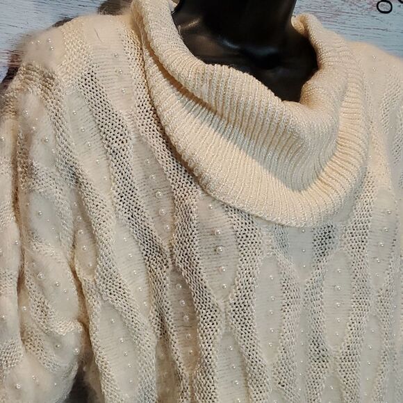 Jon Lawrence  Vintage Cream Wool/Angora Beaded Heavy Cowl Neck Sweater BoHo Warm - Picture 3 of 9